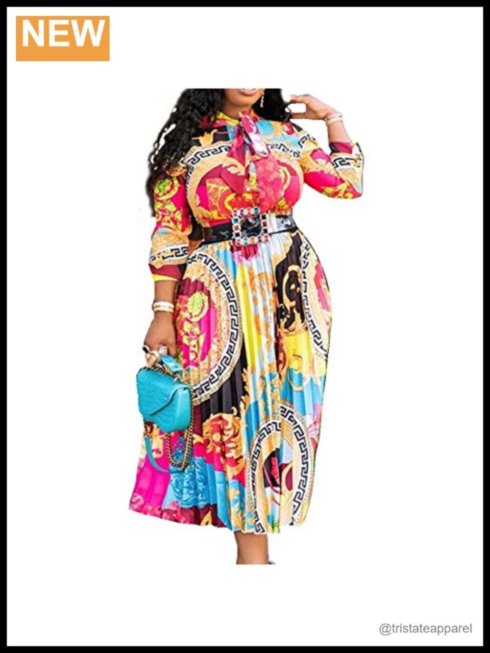 VERWIN Bow Collar Patchwork A-Line Long Sleeve Midi Dress